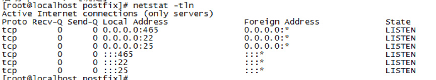 运行"# netstar -tln" 命令行启动Postfix服务器